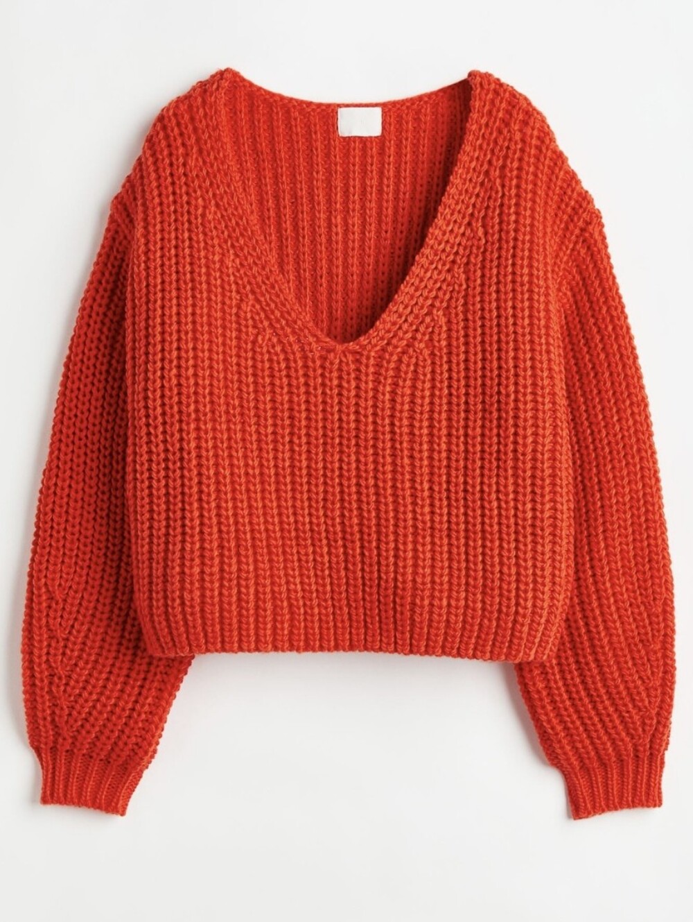 H&M Vibrant Orange/Tomato Red Chunky Rib-knit Cropped V-neck Sweater (Size S)